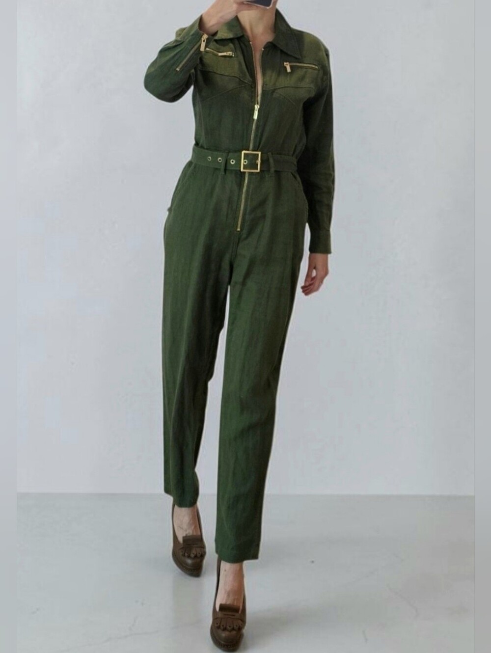WeWoreWhat Olive Linen Utility Jumpsuit with Gold Hardware Size S